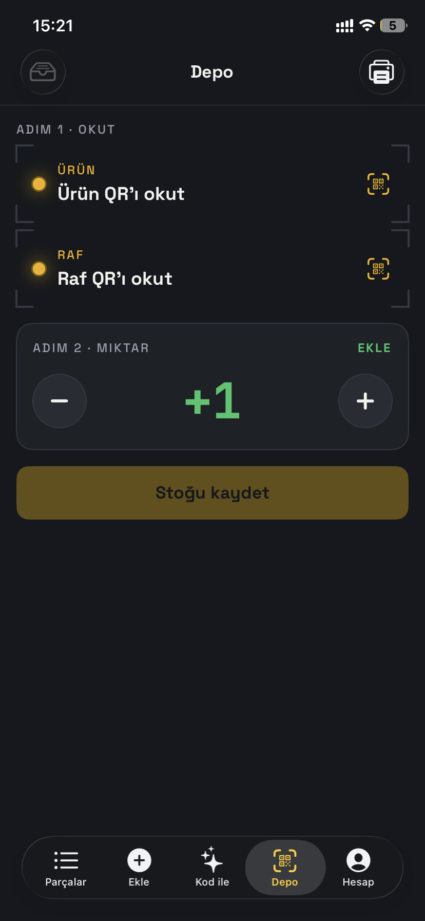 Depoda ürün ve raf QR kodu okutuluyor, miktar giriliyor, stok tek dokunuşla kaydediliyor.